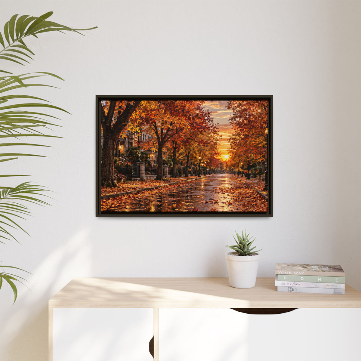 Autumn Street Sunset Matte Canvas Framed | Fall Landscape Wall Art