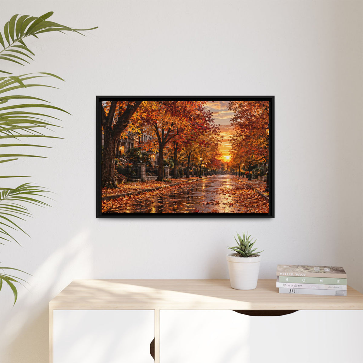 Autumn Street Sunset Matte Canvas Framed | Fall Landscape Wall Art