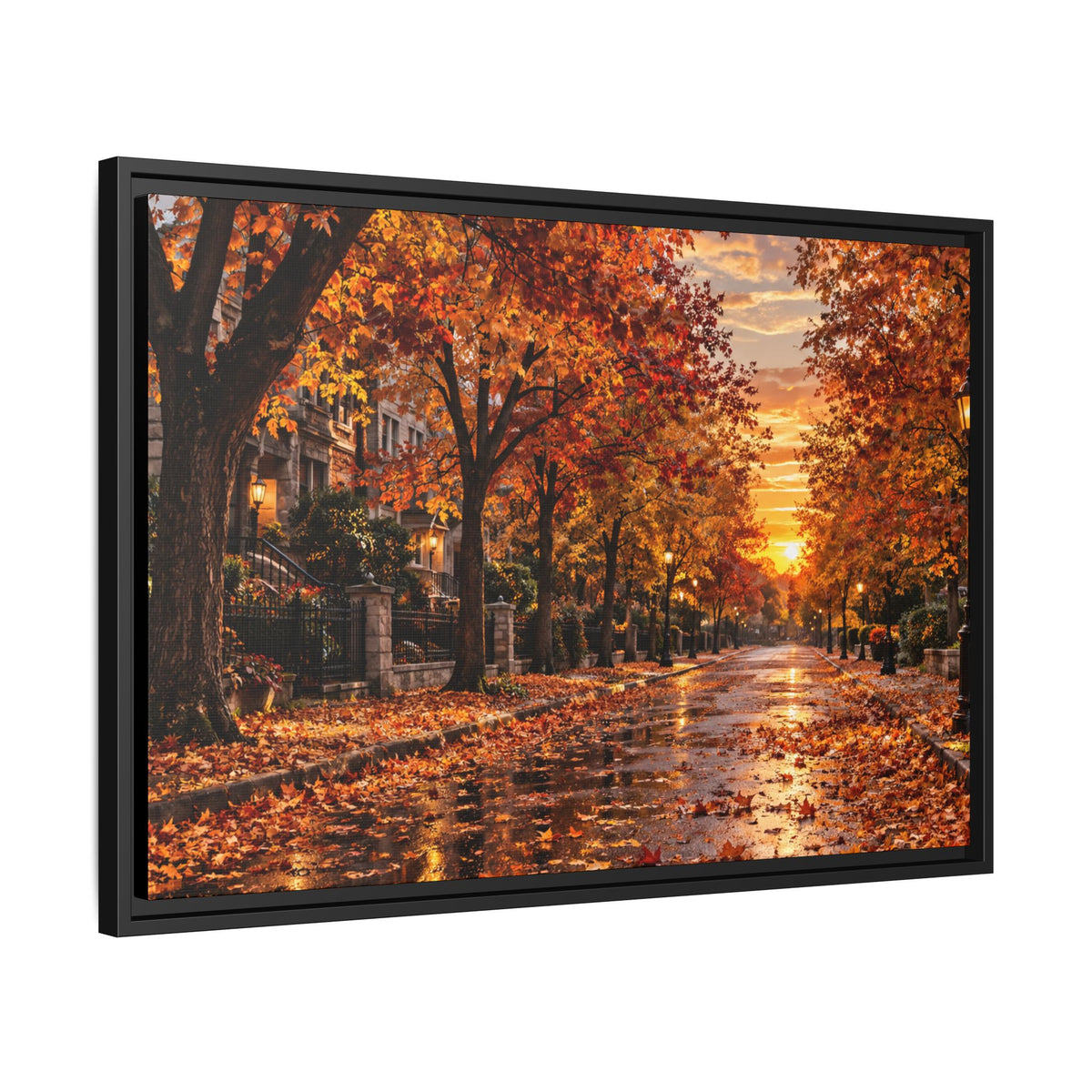 Autumn Street Sunset Matte Canvas Framed | Fall Landscape Wall Art