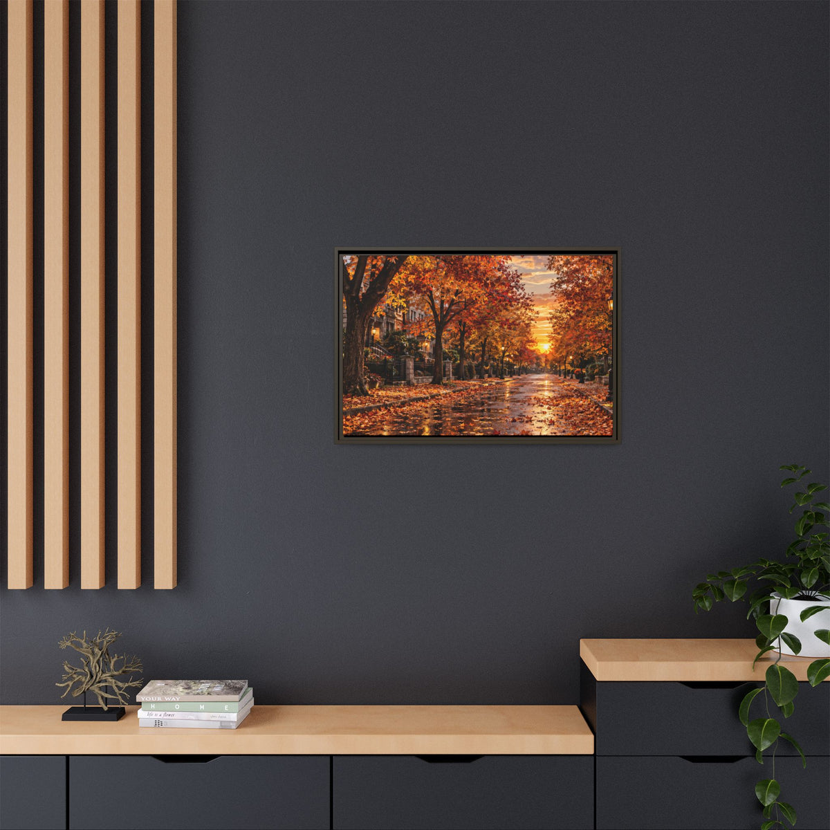 Autumn Street Sunset Matte Canvas Framed | Fall Landscape Wall Art