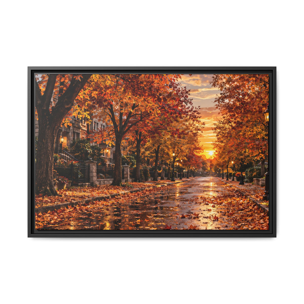 Autumn Street Sunset Matte Canvas Framed | Fall Landscape Wall Art