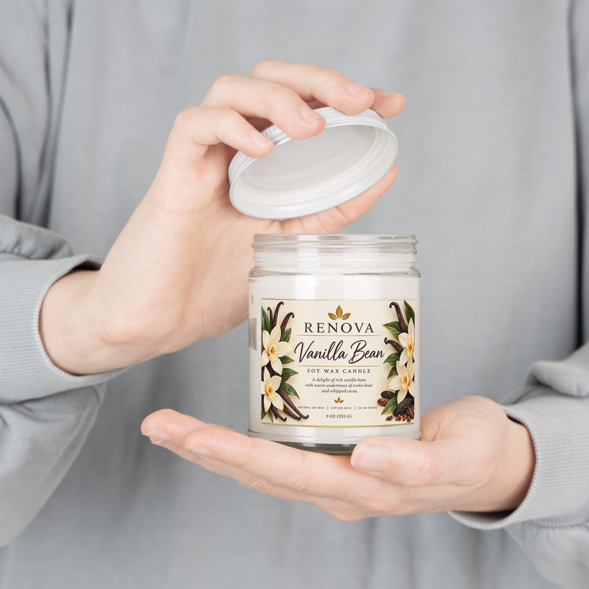 Vanilla Bean Soy Candle 9oz Jar | Scented Candle with White Lid