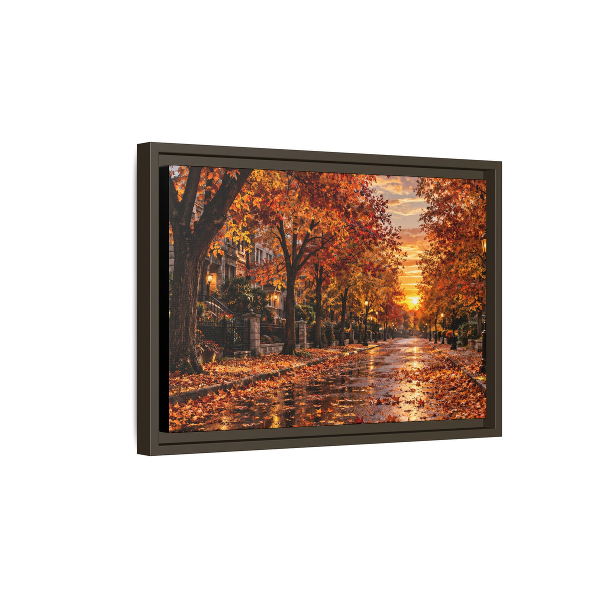 Autumn Street Sunset Matte Canvas Framed | Fall Landscape Wall Art
