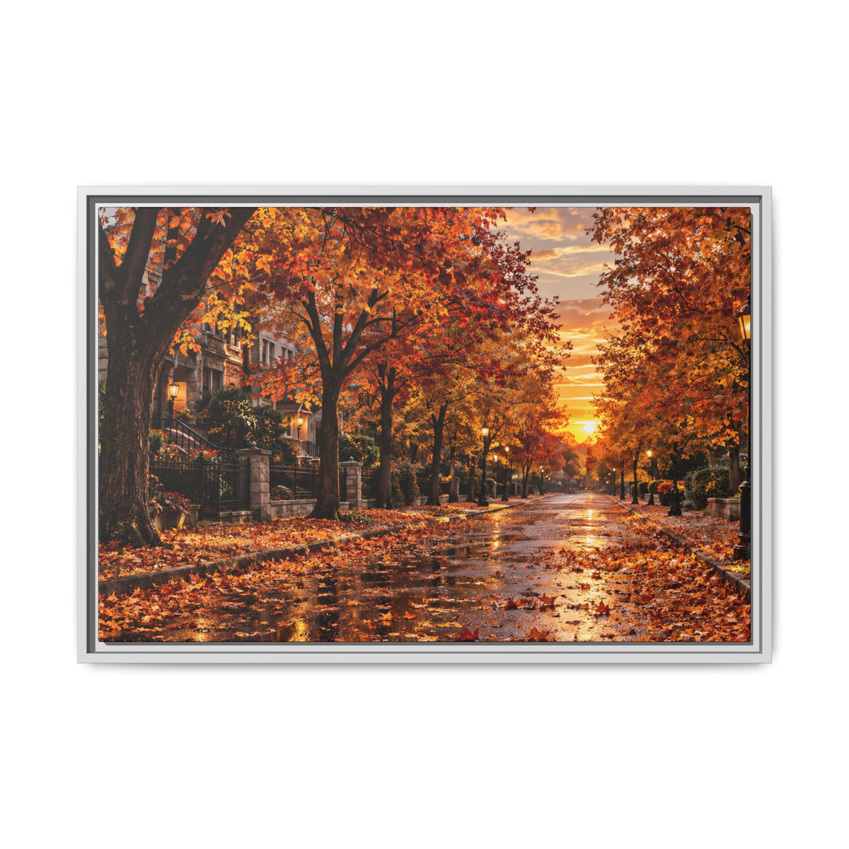 Autumn Street Sunset Matte Canvas Framed | Fall Landscape Wall Art