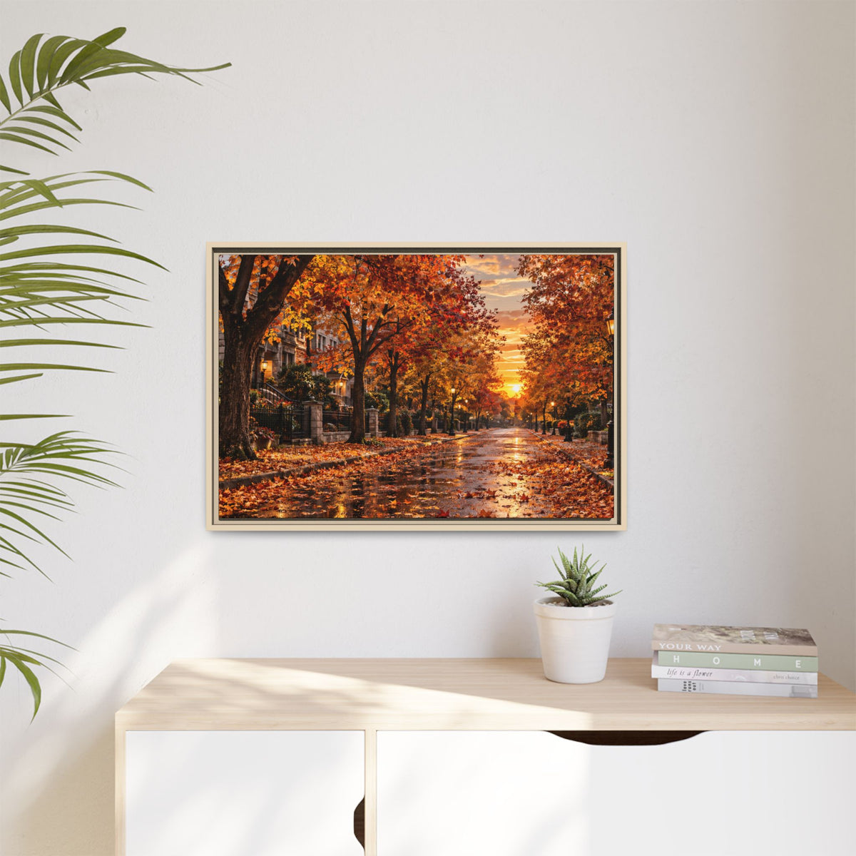 Autumn Street Sunset Matte Canvas Framed | Fall Landscape Wall Art