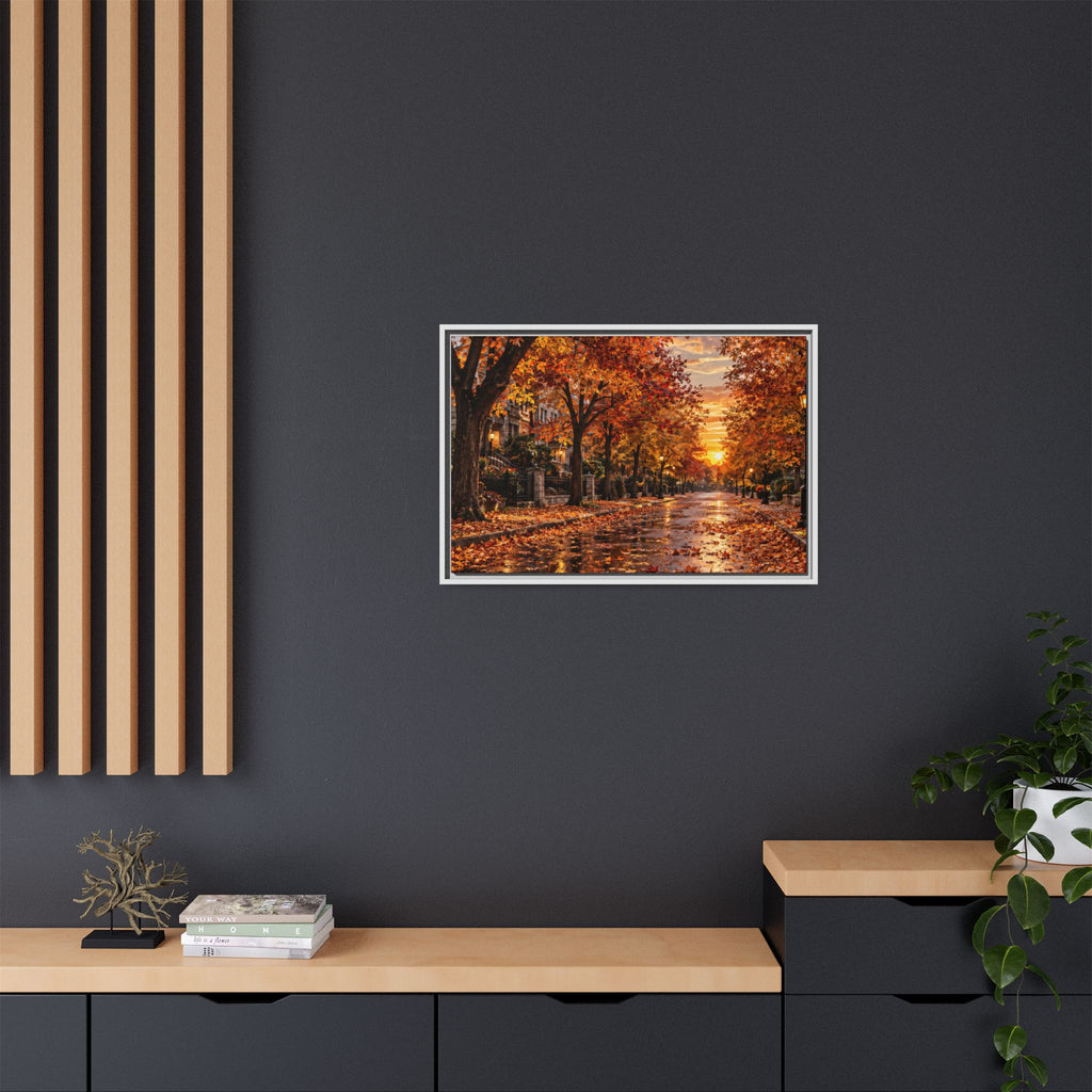 Autumn Street Sunset Matte Canvas Framed | Fall Landscape Wall Art