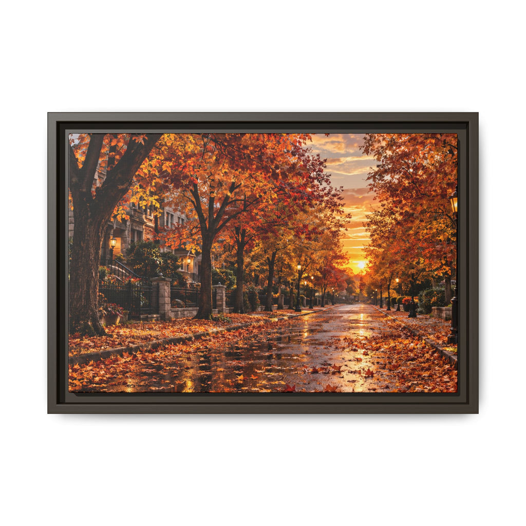 Autumn Street Sunset Matte Canvas Framed | Fall Landscape Wall Art