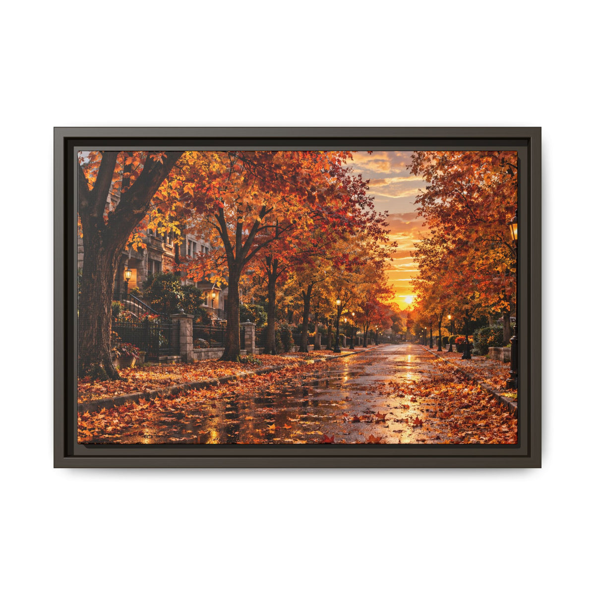 Autumn Street Sunset Matte Canvas Framed | Fall Landscape Wall Art