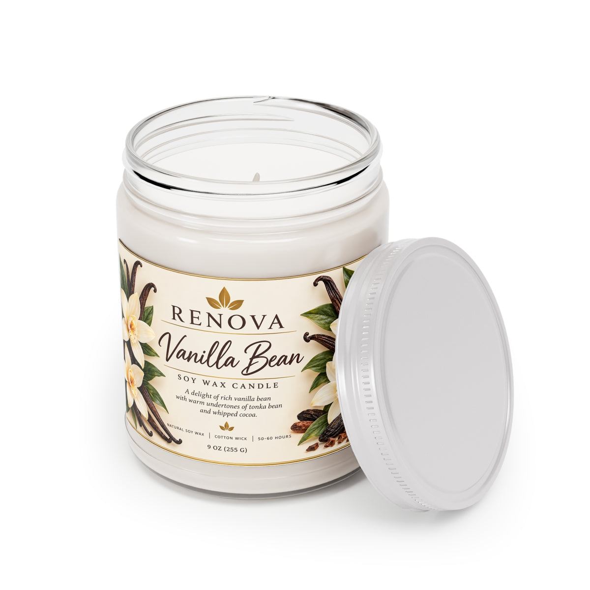 Vanilla Bean Soy Candle 9oz Jar | Scented Candle with White Lid