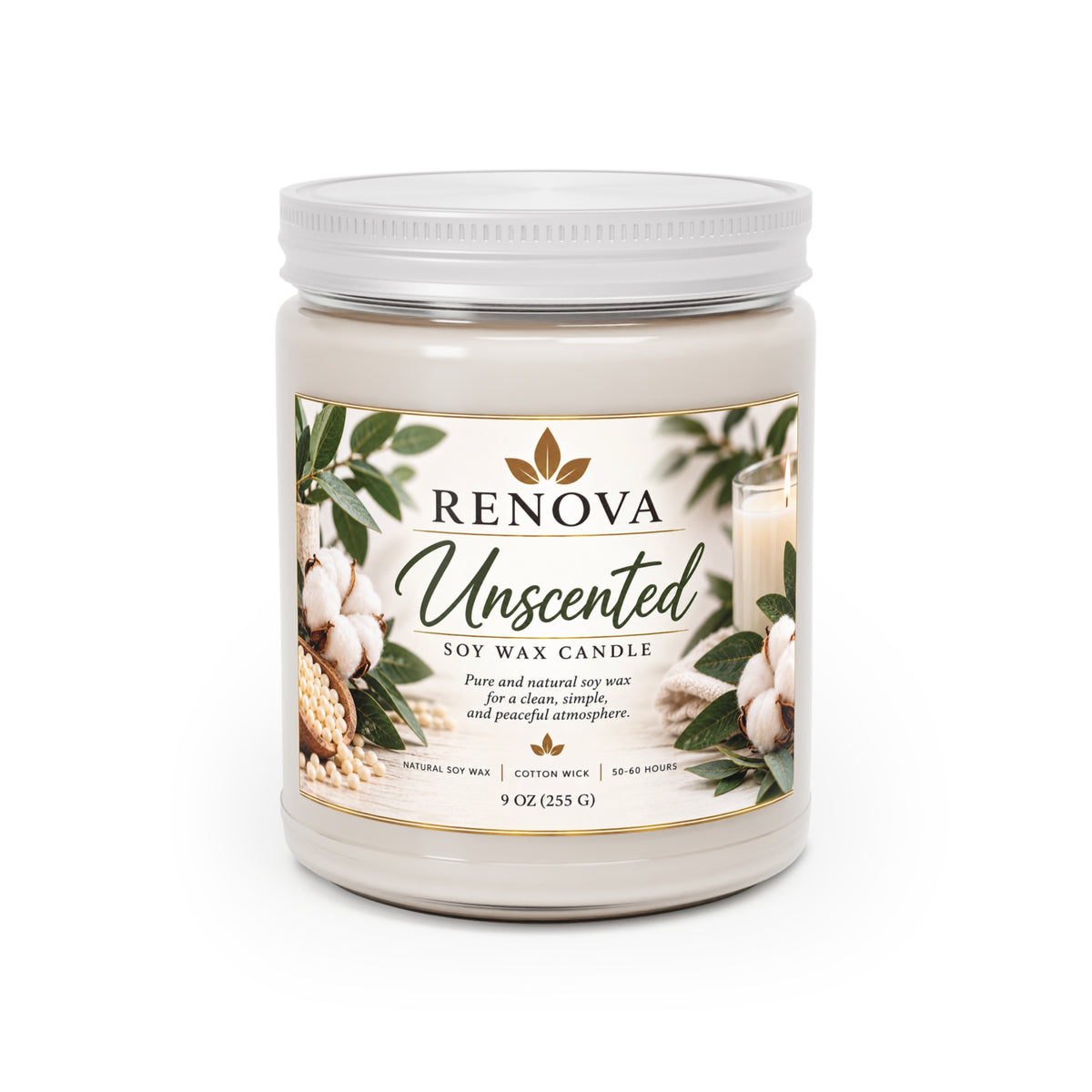 Unscented Soy Candle 9oz | White Lid, Cotton Floral Label