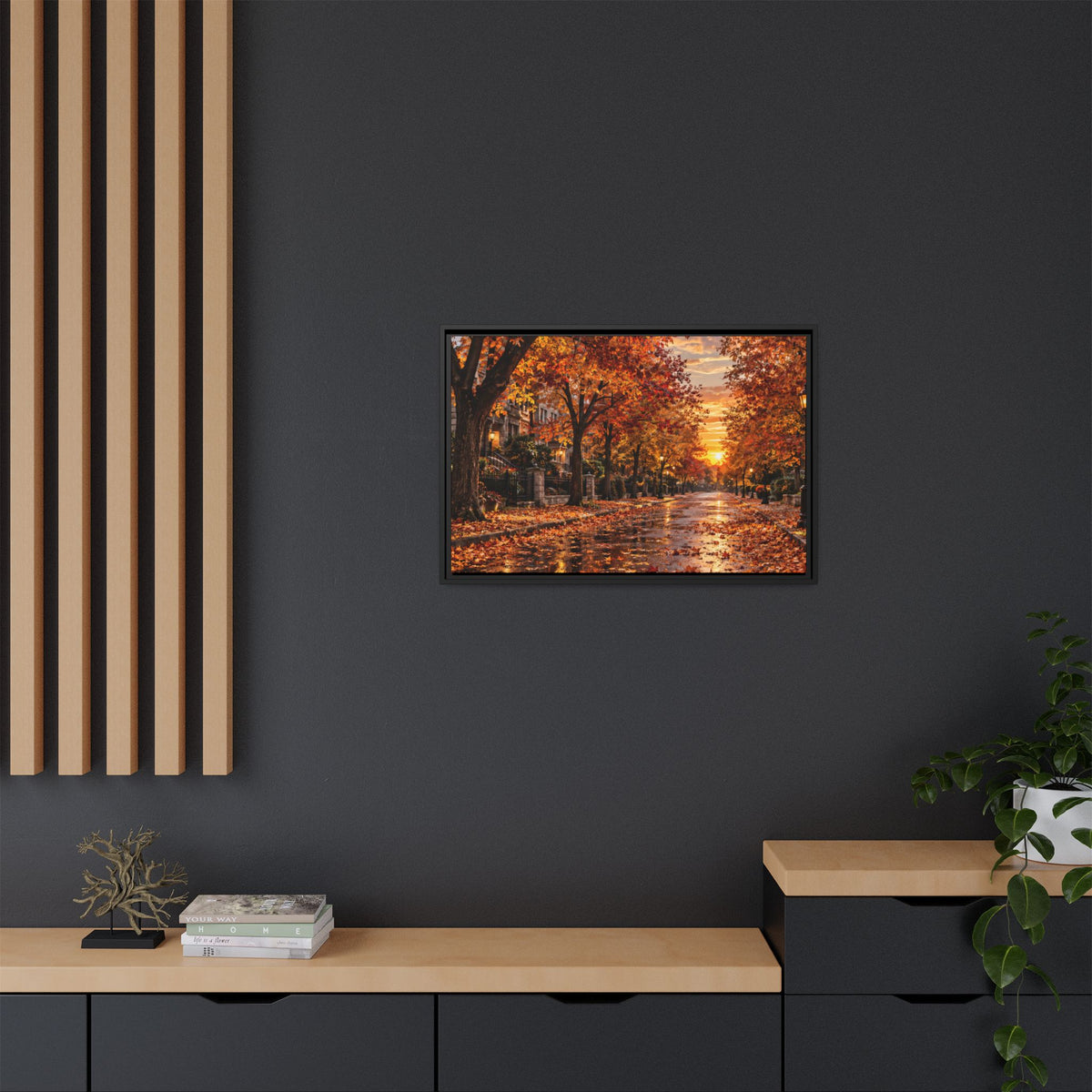 Autumn Street Sunset Matte Canvas Framed | Fall Landscape Wall Art