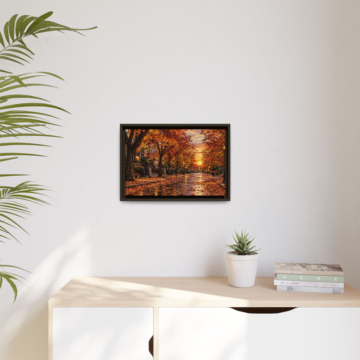 Autumn Street Sunset Matte Canvas Framed | Fall Landscape Wall Art