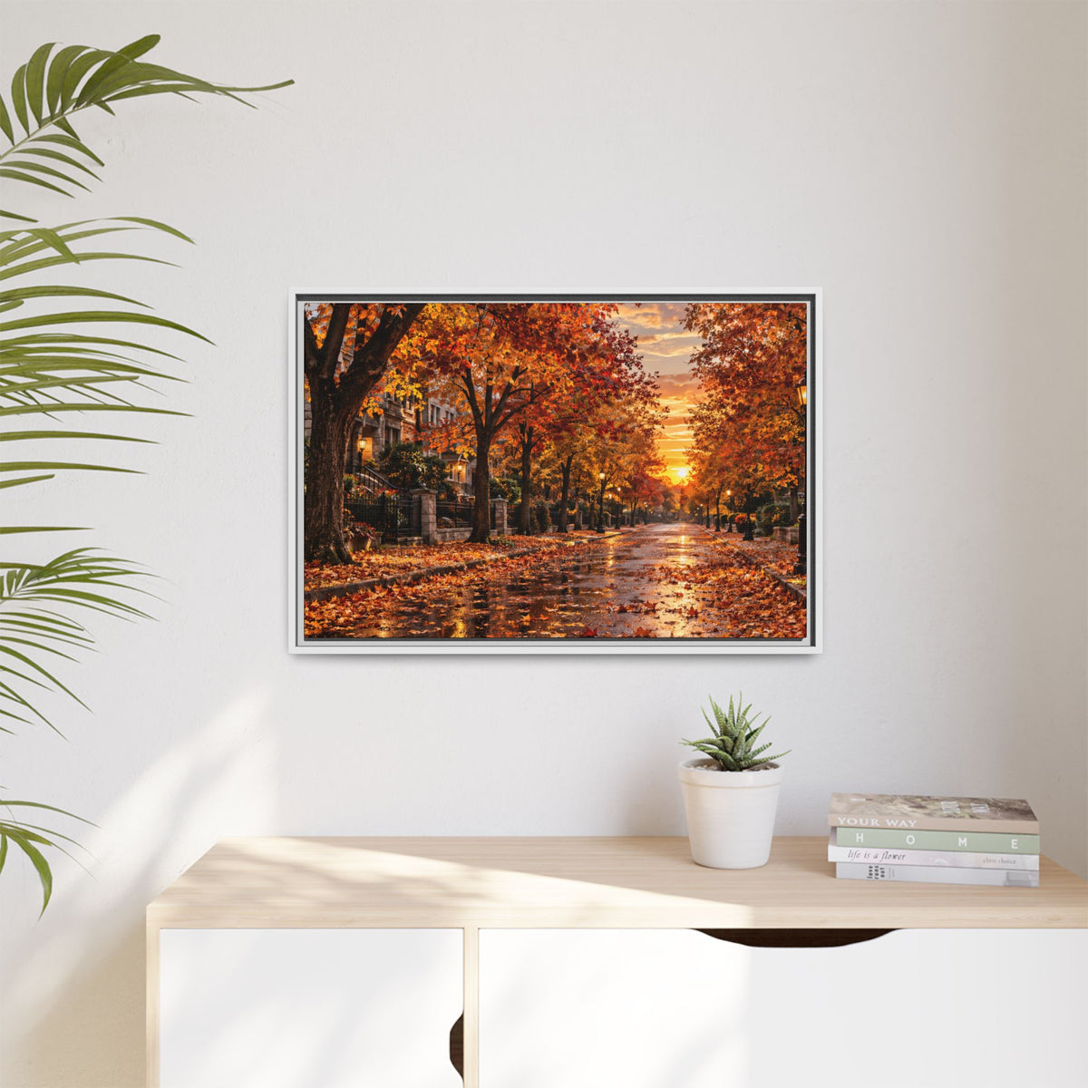 Autumn Street Sunset Matte Canvas Framed | Fall Landscape Wall Art